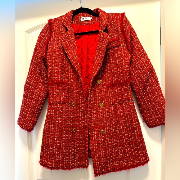 RED DOUBLE BREASTED PLAID TWEED SUIT JACKET - Picture 2 of 10